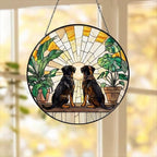 Custom Couple Rottweiler dog Glass Suncatcher, dog Plant Window Hanging, dog Mom Gift, dog Monstera Suncatcher, Plant Lover Gift