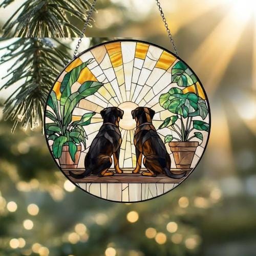 Custom Couple Rottweiler dog Glass Suncatcher, dog Plant Window Hanging, dog Mom Gift, dog Monstera Suncatcher, Plant Lover Gift - image 2
