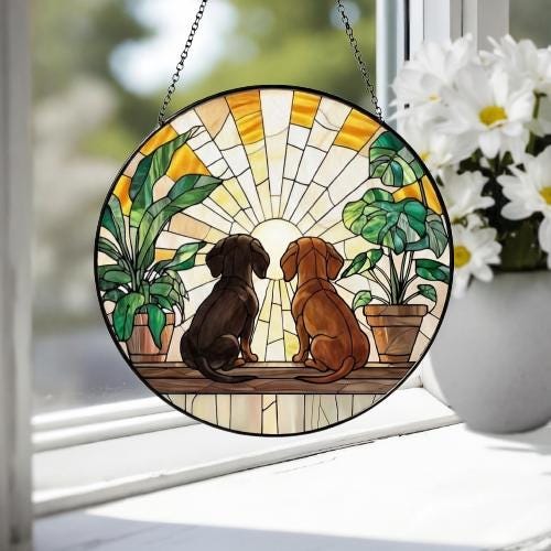 Custom Couple Dachshund dog Glass Suncatcher, dog Plant Window Hanging, dog Mom Gift, dog Monstera Suncatcher, Plant Lover Gift - image 4