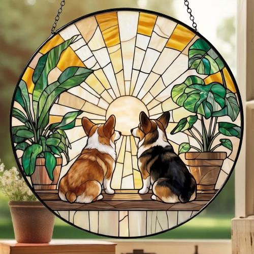 Custom Couple Pembroke Welsh Corgi  Glass Suncatcher, dog Plant Window Hanging, dog Mom Gift, dog Monstera Suncatcher, Plant Lover Gift - image 3