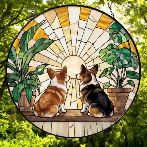Custom Couple Pembroke Welsh Corgi  Glass Suncatcher, dog Plant Window Hanging, dog Mom Gift, dog Monstera Suncatcher, Plant Lover Gift - image 5