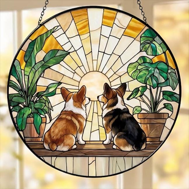 Custom Couple Pembroke Welsh Corgi  Glass Suncatcher, dog Plant Window Hanging, dog Mom Gift, dog Monstera Suncatcher, Plant Lover Gift