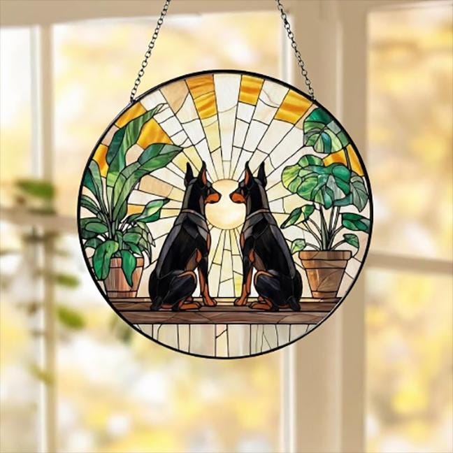 Custom Couple Doberman Pinscher dog  Glass Suncatcher, dog Plant Window Hanging, dog Mom Gift, dog Monstera Suncatcher, Plant Lover Gift