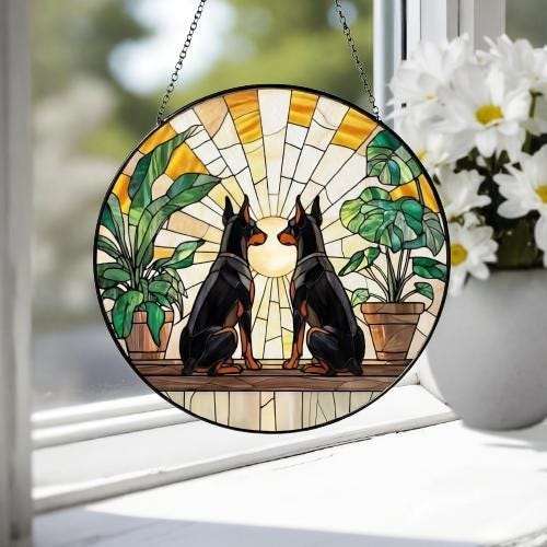 Custom Couple Doberman Pinscher dog  Glass Suncatcher, dog Plant Window Hanging, dog Mom Gift, dog Monstera Suncatcher, Plant Lover Gift - image 4