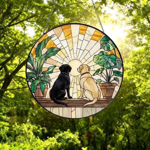 Custom Couple Labrador Retriever dog Glass Suncatcher, dog Plant Window Hanging, dog Mom Gift, dog Monstera Suncatcher, Plant Lover Gift - image 4