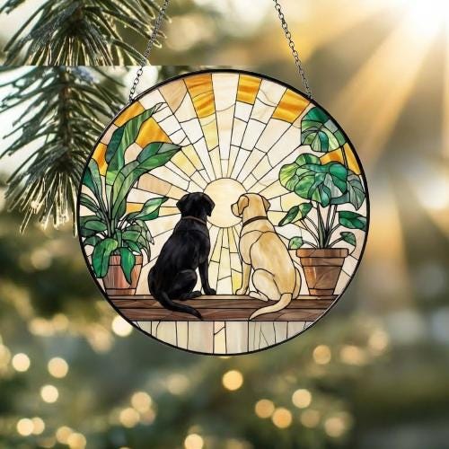 Custom Couple Labrador Retriever dog Glass Suncatcher, dog Plant Window Hanging, dog Mom Gift, dog Monstera Suncatcher, Plant Lover Gift - image 2