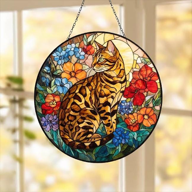 Custom Bengal Cat Suncatcher, Floral Grey Cat Window Hanging,  Cat Mom Gift, Unique Gift, Cat Lovers, Animal Decor