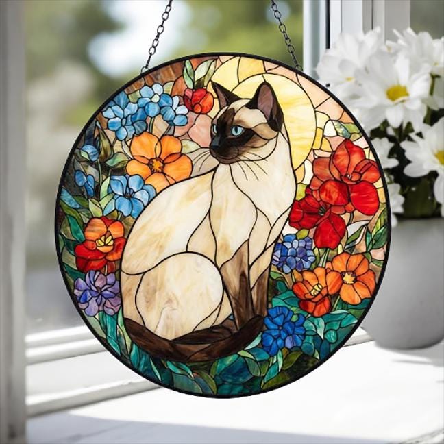 Custom Siamese Cat Suncatcher, Floral Grey Cat Window Hanging,  Cat Mom Gift, Unique Gift, Cat Lovers, Animal Decor