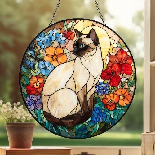 Custom Siamese Cat Suncatcher, Floral Grey Cat Window Hanging,  Cat Mom Gift, Unique Gift, Cat Lovers, Animal Decor - image 2