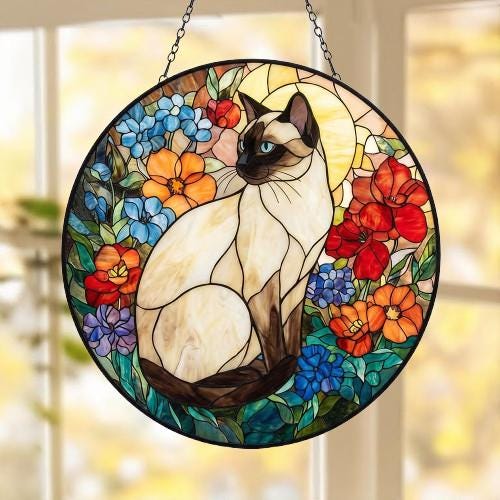 Custom Siamese Cat Suncatcher, Floral Grey Cat Window Hanging,  Cat Mom Gift, Unique Gift, Cat Lovers, Animal Decor - image 4