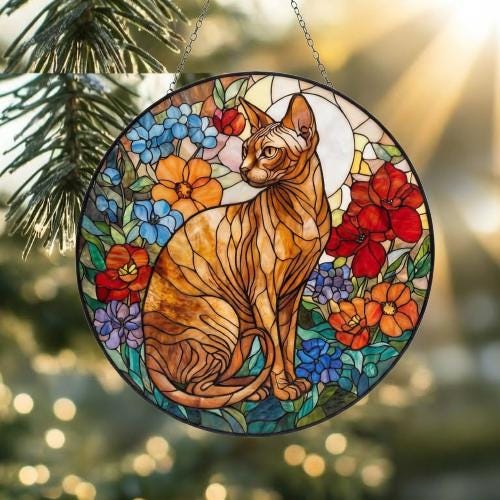 Custom Sphynx Cat Suncatcher, Floral Grey Cat Window Hanging,  Cat Mom Gift, Unique Gift, Cat Lovers, Animal Decor - image 2