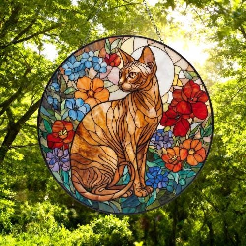 Custom Sphynx Cat Suncatcher, Floral Grey Cat Window Hanging,  Cat Mom Gift, Unique Gift, Cat Lovers, Animal Decor - image 4