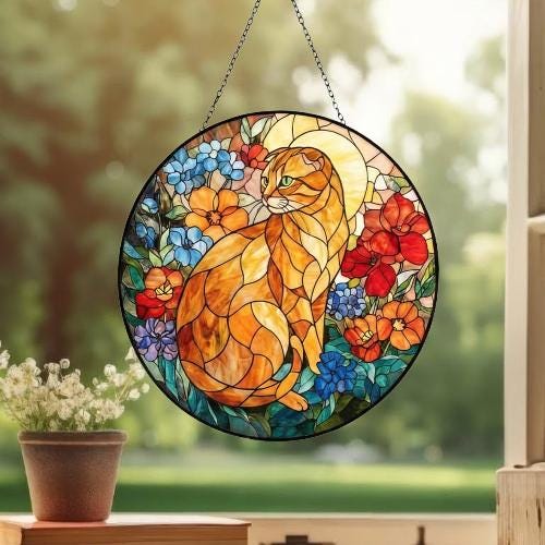 Custom Scottish Fold  Cat Suncatcher, Floral Grey Cat Window Hanging,  Cat Mom Gift, Unique Gift, Cat Lovers, Animal Decor - image 3