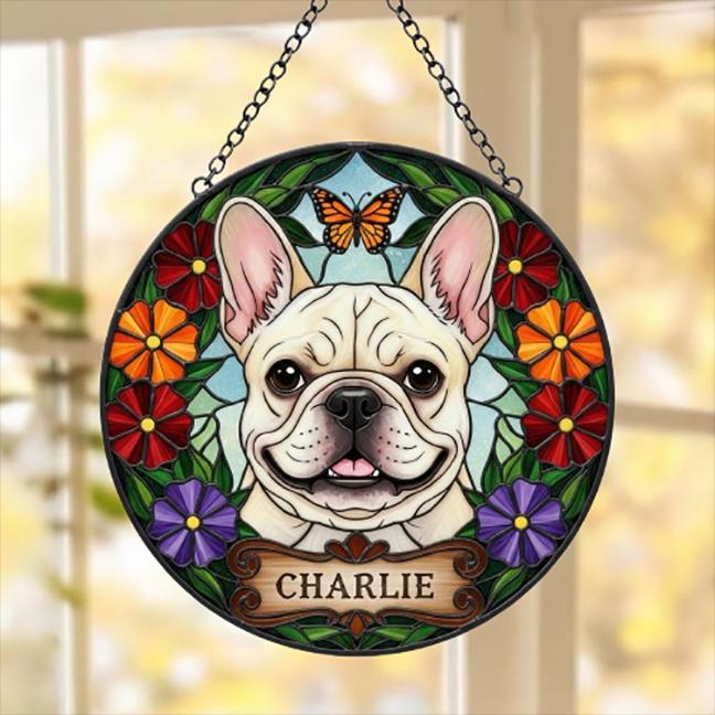 Custom French Bulldog Dog Portrait Stained Glass Suncatcher, Pet Memorial Stained Glass Suncatcher, Dog Loss Keepsake, Pet Loss Gift