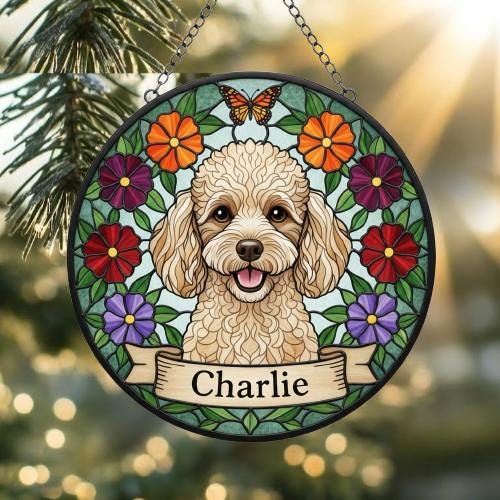 Custom Poodle  Dog Portrait Stained Glass Suncatcher, Pet Memorial Stained Glass Suncatcher, Dog Loss Keepsake, Pet Loss Gift - image 2