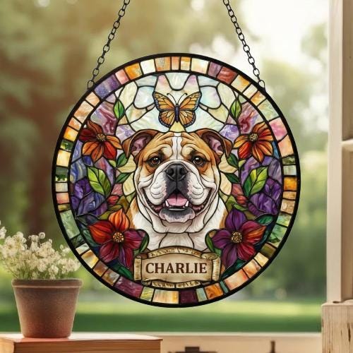 Custom Bulldog Dog Portrait Stained Glass Suncatcher, Pet Memorial Stained Glass Suncatcher, Dog Loss Keepsake, Pet Loss Gift - image 3