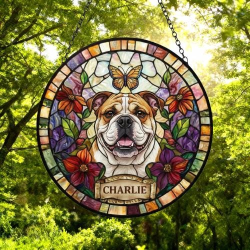 Custom Bulldog Dog Portrait Stained Glass Suncatcher, Pet Memorial Stained Glass Suncatcher, Dog Loss Keepsake, Pet Loss Gift - image 5