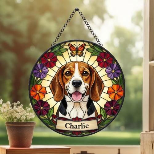 Custom Beagle  Dog Portrait Stained Glass Suncatcher, Pet Memorial Stained Glass Suncatcher, Dog Loss Keepsake, Pet Loss Gift - image 3