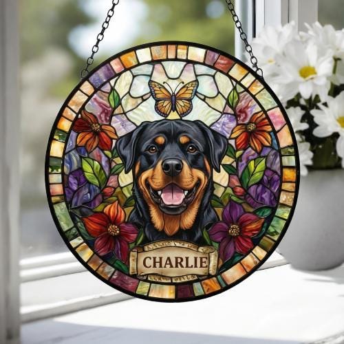 Custom Rottweiler Dog Portrait Stained Glass Suncatcher, Pet Memorial Stained Glass Suncatcher, Dog Loss Keepsake, Pet Loss Gift - image 4