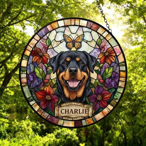 Custom Rottweiler Dog Portrait Stained Glass Suncatcher, Pet Memorial Stained Glass Suncatcher, Dog Loss Keepsake, Pet Loss Gift - image 5