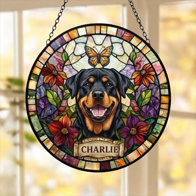 Custom Rottweiler Dog Portrait Stained Glass Suncatcher, Pet Memorial Stained Glass Suncatcher, Dog Loss Keepsake, Pet Loss Gift
