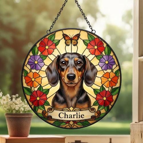 Custom Dachshund Dog Portrait Stained Glass Suncatcher, Pet Memorial Stained Glass Suncatcher, Dog Loss Keepsake, Pet Loss Gift - image 3