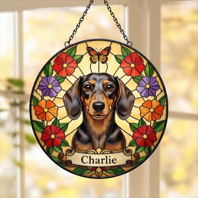 Custom Dachshund Dog Portrait Stained Glass Suncatcher, Pet Memorial Stained Glass Suncatcher, Dog Loss Keepsake, Pet Loss Gift