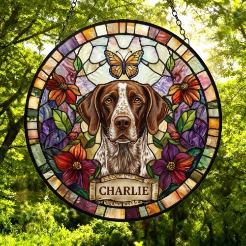 Custom German Shorthaired Pointer Dog Portrait Stained Glass Suncatcher, Pet Memorial Stained Glass Suncatcher, Pet Loss Gift - image 5