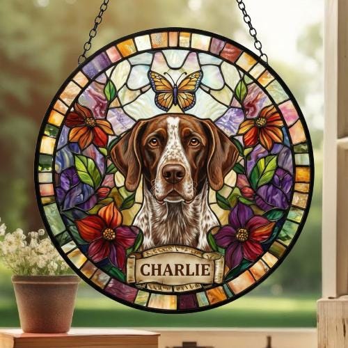 Custom German Shorthaired Pointer Dog Portrait Stained Glass Suncatcher, Pet Memorial Stained Glass Suncatcher, Pet Loss Gift - image 3