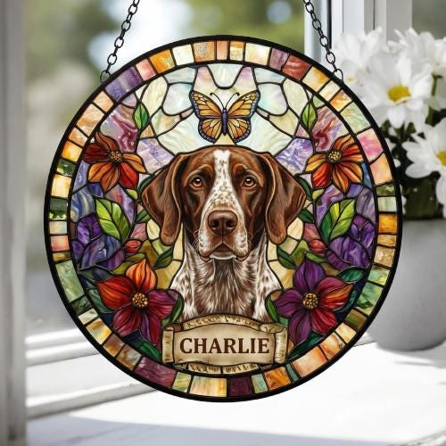 Custom German Shorthaired Pointer Dog Portrait Stained Glass Suncatcher, Pet Memorial Stained Glass Suncatcher, Pet Loss Gift - image 4