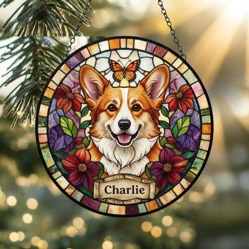 Custom Pembroke Welsh Corgi Dog Portrait Stained Glass Suncatcher, Pet Memorial Stained Glass Suncatcher, Dog Loss Keepsake, Pet Loss Gift - image 2