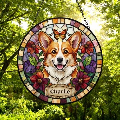 Custom Pembroke Welsh Corgi Dog Portrait Stained Glass Suncatcher, Pet Memorial Stained Glass Suncatcher, Dog Loss Keepsake, Pet Loss Gift - image 5