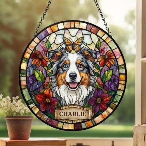 Custom Australian Shepherd Dog Portrait Stained Glass Suncatcher, Pet Memorial Stained Glass Suncatcher, Dog Loss Keepsake, Pet Loss Gift - image 3