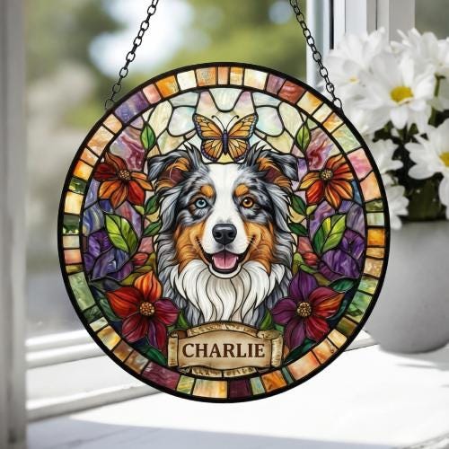 Custom Australian Shepherd Dog Portrait Stained Glass Suncatcher, Pet Memorial Stained Glass Suncatcher, Dog Loss Keepsake, Pet Loss Gift - image 4