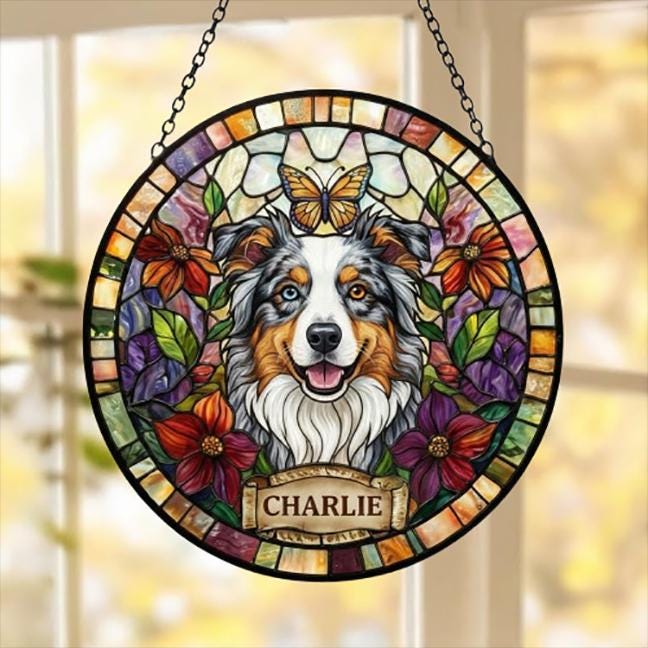 Custom Australian Shepherd Dog Portrait Stained Glass Suncatcher, Pet Memorial Stained Glass Suncatcher, Dog Loss Keepsake, Pet Loss Gift