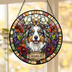 Custom Australian Shepherd Dog Portrait Stained Glass Suncatcher, Pet Memorial Stained Glass Suncatcher, Dog Loss Keepsake, Pet Loss Gift