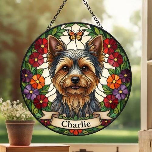 Custom Yorkshire Terrier Dog Portrait Stained Glass Suncatcher, Pet Memorial Stained Glass Suncatcher, Dog Loss Keepsake, Pet Loss Gift - image 3