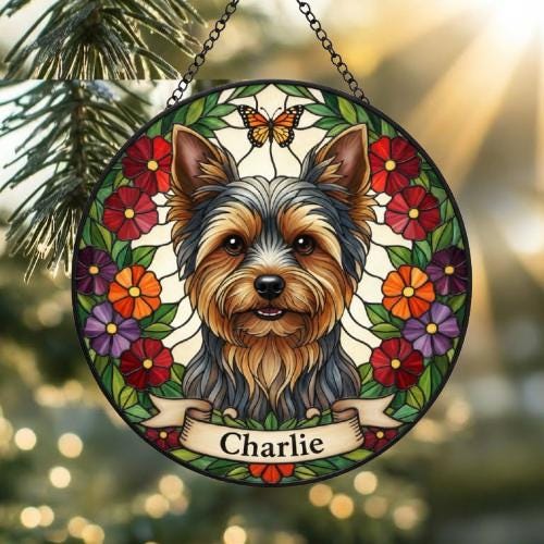 Custom Yorkshire Terrier Dog Portrait Stained Glass Suncatcher, Pet Memorial Stained Glass Suncatcher, Dog Loss Keepsake, Pet Loss Gift - image 2