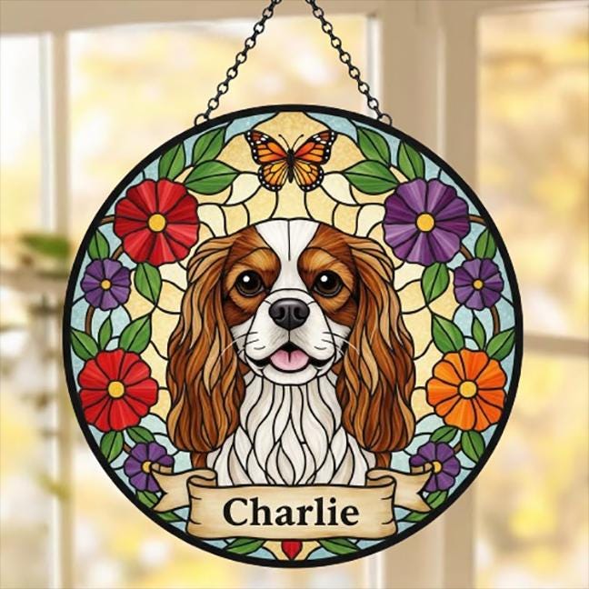 Custom Cavalier King Charles Spaniel Dog Portrait Stained Glass Suncatcher, Pet Memorial Stained Glass Suncatcher, Dog Loss Keepsake