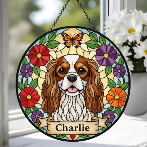 Custom Cavalier King Charles Spaniel Dog Portrait Stained Glass Suncatcher, Pet Memorial Stained Glass Suncatcher, Dog Loss Keepsake - image 4