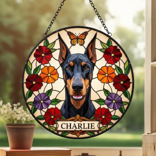 Custom Doberman Pinscher Dog Portrait Stained Glass Suncatcher, Pet Memorial Stained Glass Suncatcher, Dog Loss Keepsake - image 3
