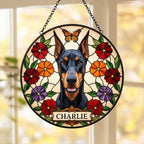 Custom Doberman Pinscher Dog Portrait Stained Glass Suncatcher, Pet Memorial Stained Glass Suncatcher, Dog Loss Keepsake