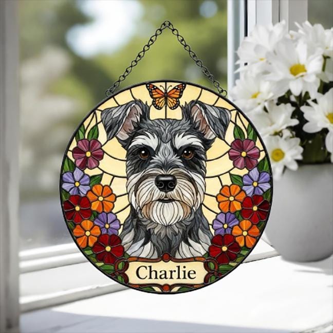 Custom Miniature Schnauzer Dog Portrait Stained Glass Suncatcher, Pet Memorial Stained Glass Suncatcher, Dog Loss Keepsake, Pet Loss Gift