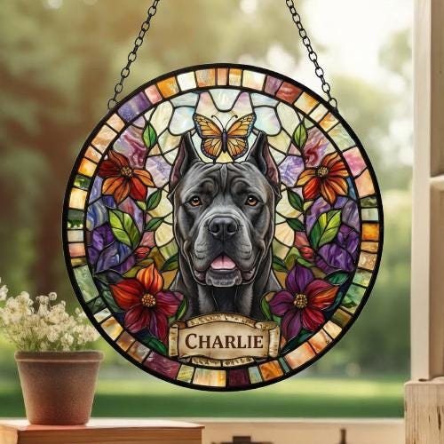 Custom Cane Corso Dog Portrait Stained Glass Suncatcher, Pet Memorial Stained Glass Suncatcher, Dog Loss Keepsake, Pet Loss Gift - image 3