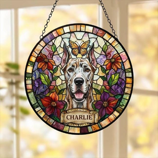 Custom Great Dane dog Portrait Stained Glass Suncatcher, Pet Memorial Stained Glass Suncatcher, Dog Loss Keepsake, Pet Loss Gift