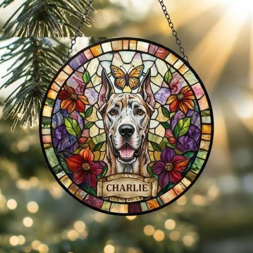 Custom Great Dane dog Portrait Stained Glass Suncatcher, Pet Memorial Stained Glass Suncatcher, Dog Loss Keepsake, Pet Loss Gift - image 2