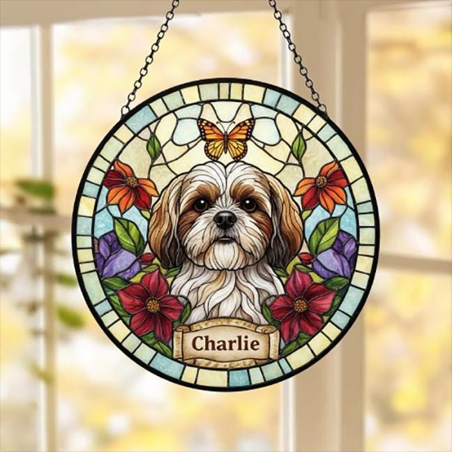 Custom Shih Tzu dog Portrait Stained Glass Suncatcher, Pet Memorial Stained Glass Suncatcher, Dog Loss Keepsake, Pet Loss Gift