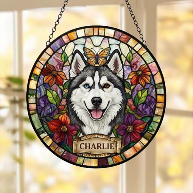 Custom Siberian Husky dog Portrait Stained Glass Suncatcher, Pet Memorial Stained Glass Suncatcher, Dog Loss Keepsake, Pet Loss Gift