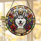 Custom Siberian Husky dog Portrait Stained Glass Suncatcher, Pet Memorial Stained Glass Suncatcher, Dog Loss Keepsake, Pet Loss Gift