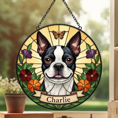Custom Boston Terrier dog Portrait Stained Glass Suncatcher, Pet Memorial Stained Glass Suncatcher, Dog Loss Keepsake, Pet Loss Gift - image 3